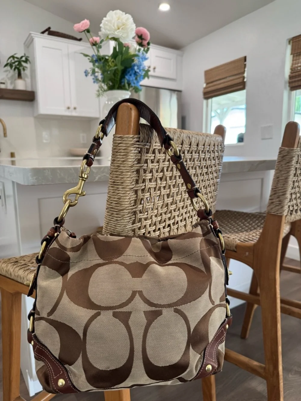Coach Y2K Vintage Signature Carly Canvas Brown Tan Hobo Shoulder HandBag #10619